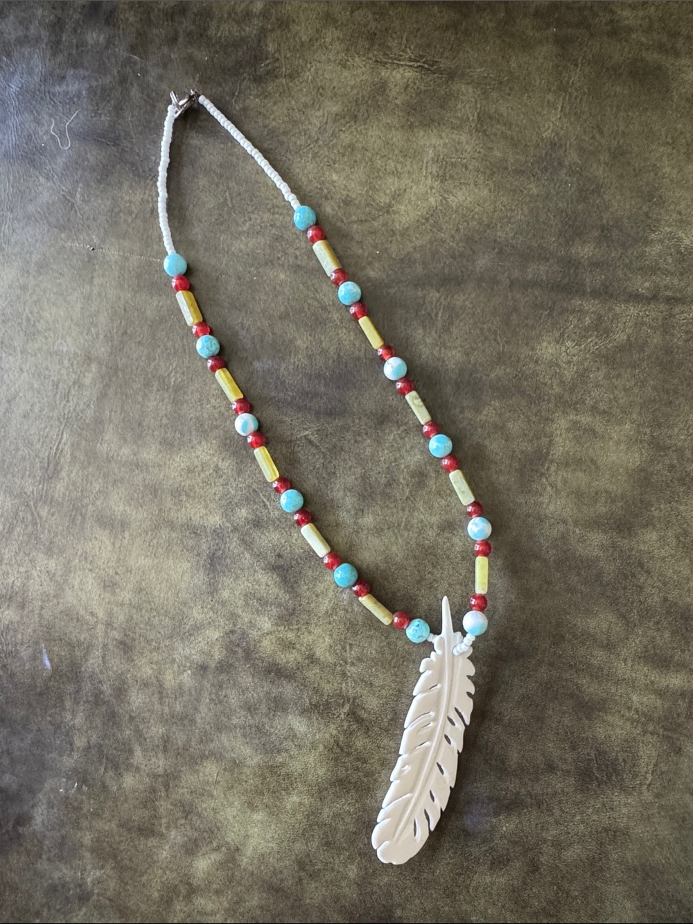 Beaded Feather Pendant Necklace in Turquoise, Red & Cream